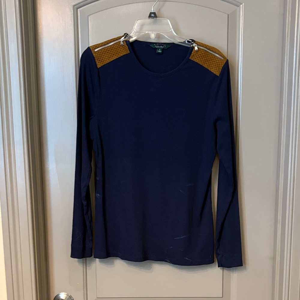 Navy Blue Long Sleeve Top with Brown Accents